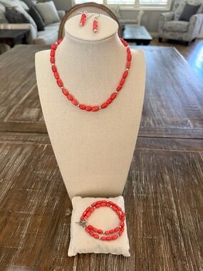Handcrafted Coral Bead Necklace, Bracelet & Earring Set